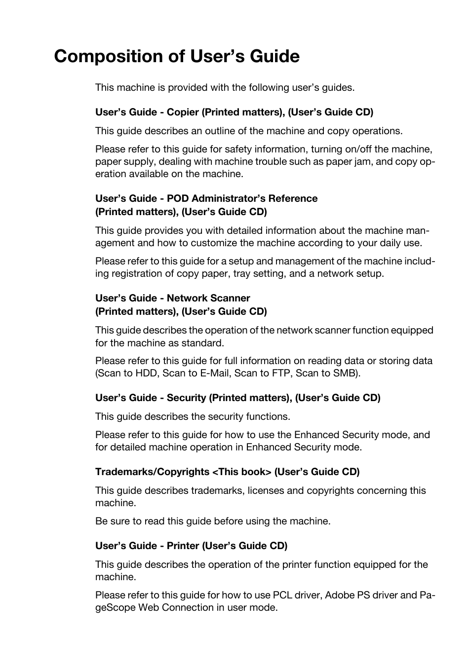 Composition of user’s guide | Konica Minolta bizhub PRO 950 User Manual | Page 2 / 131