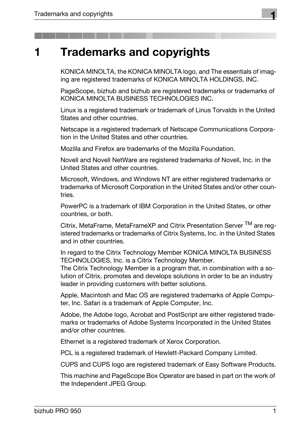 1 trademarks and copyrights, Trademarks and copyrights, 1trademarks and copyrights | Konica Minolta bizhub PRO 950 User Manual | Page 5 / 131