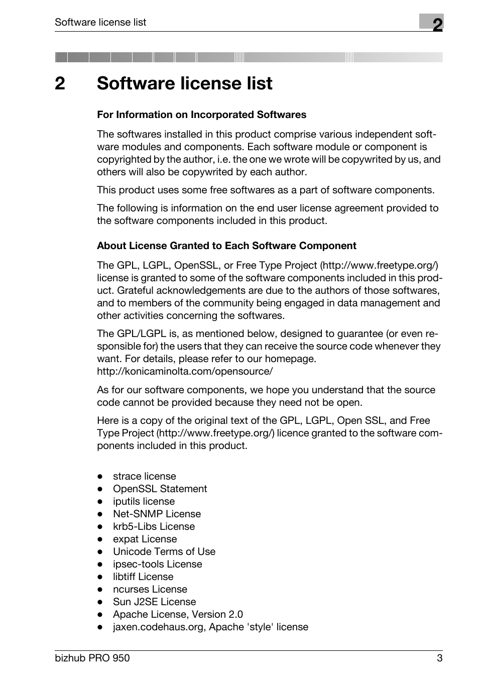 2 software license list, Software license list, 2software license list | Konica Minolta bizhub PRO 950 User Manual | Page 7 / 131
