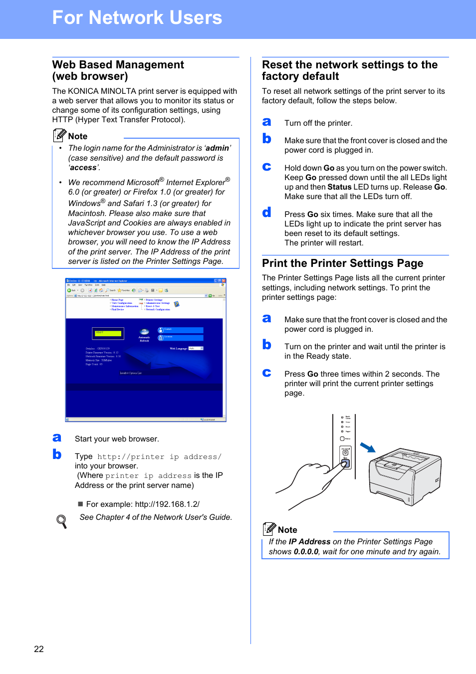 Web based management (web browser), Reset the network settings to the factory default, For network users | Print the printer settings page | Konica Minolta bizhub 20P User Manual | Page 22 / 33