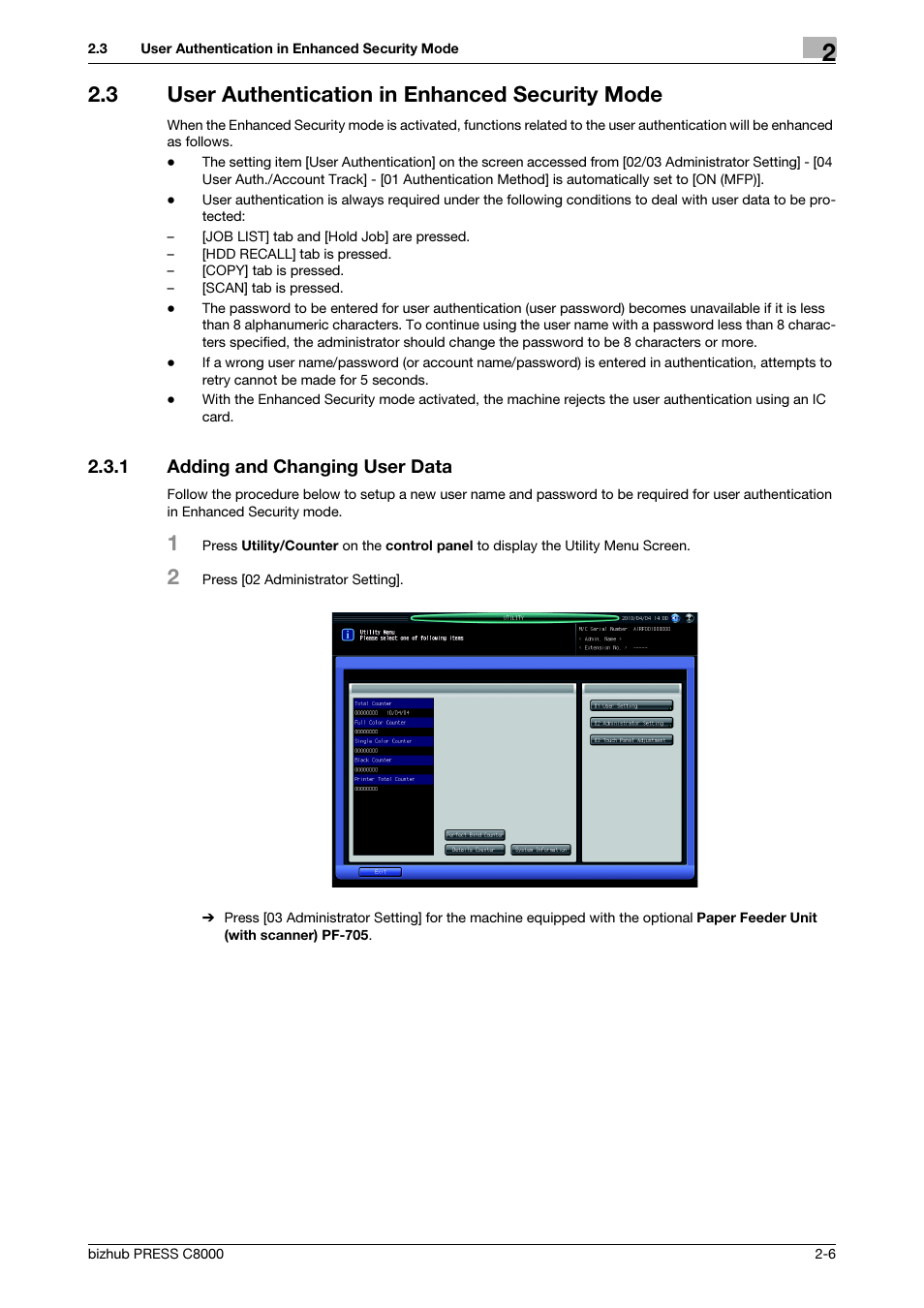 3 user authentication in enhanced security mode, 1 adding and changing user data, User authentication in enhanced security mode -6 | Adding and changing user data -6 | Konica Minolta bizhub PRESS C8000 User Manual | Page 13 / 48