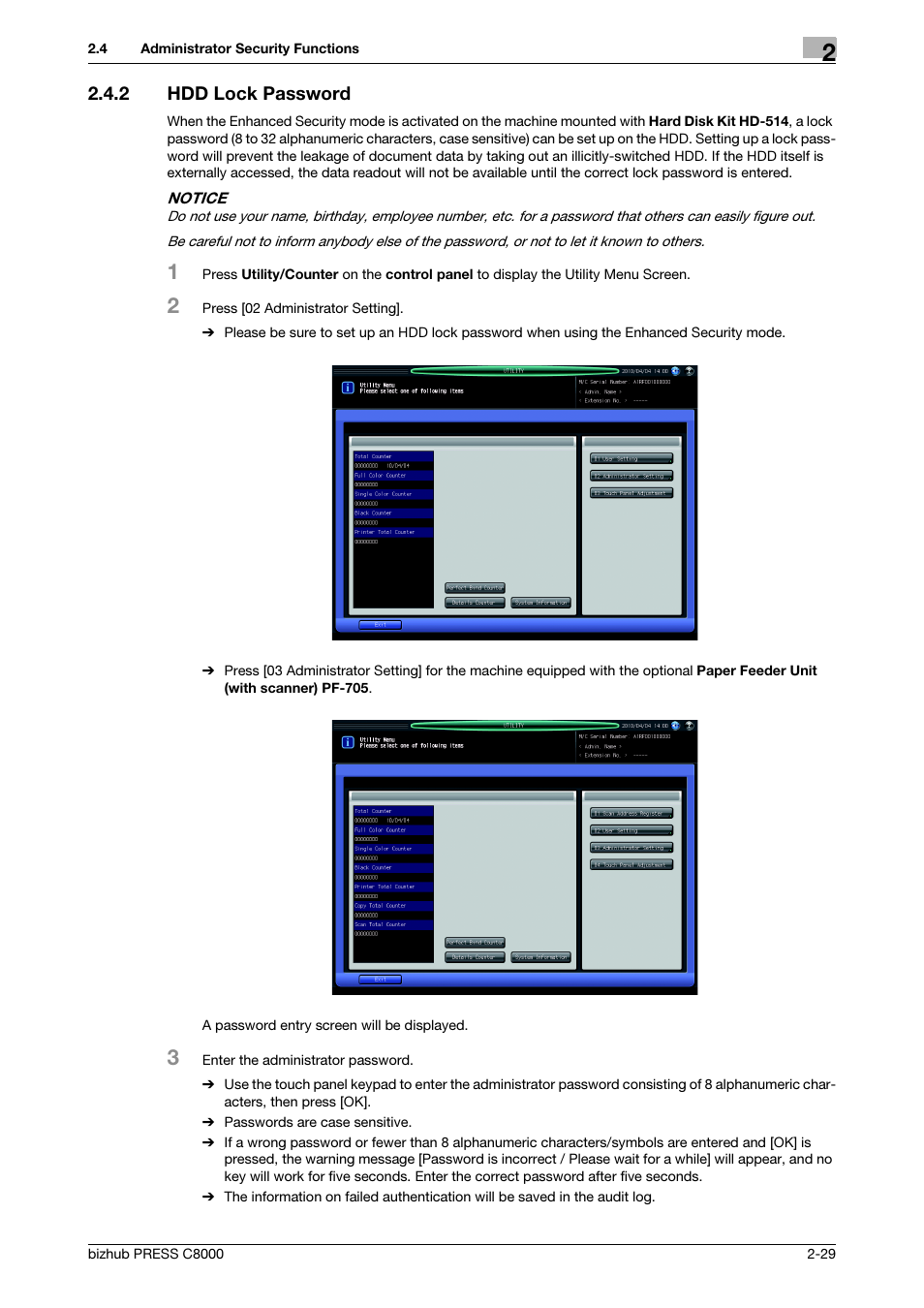 2 hdd lock password, Hdd lock password -29 | Konica Minolta bizhub PRESS C8000 User Manual | Page 36 / 48