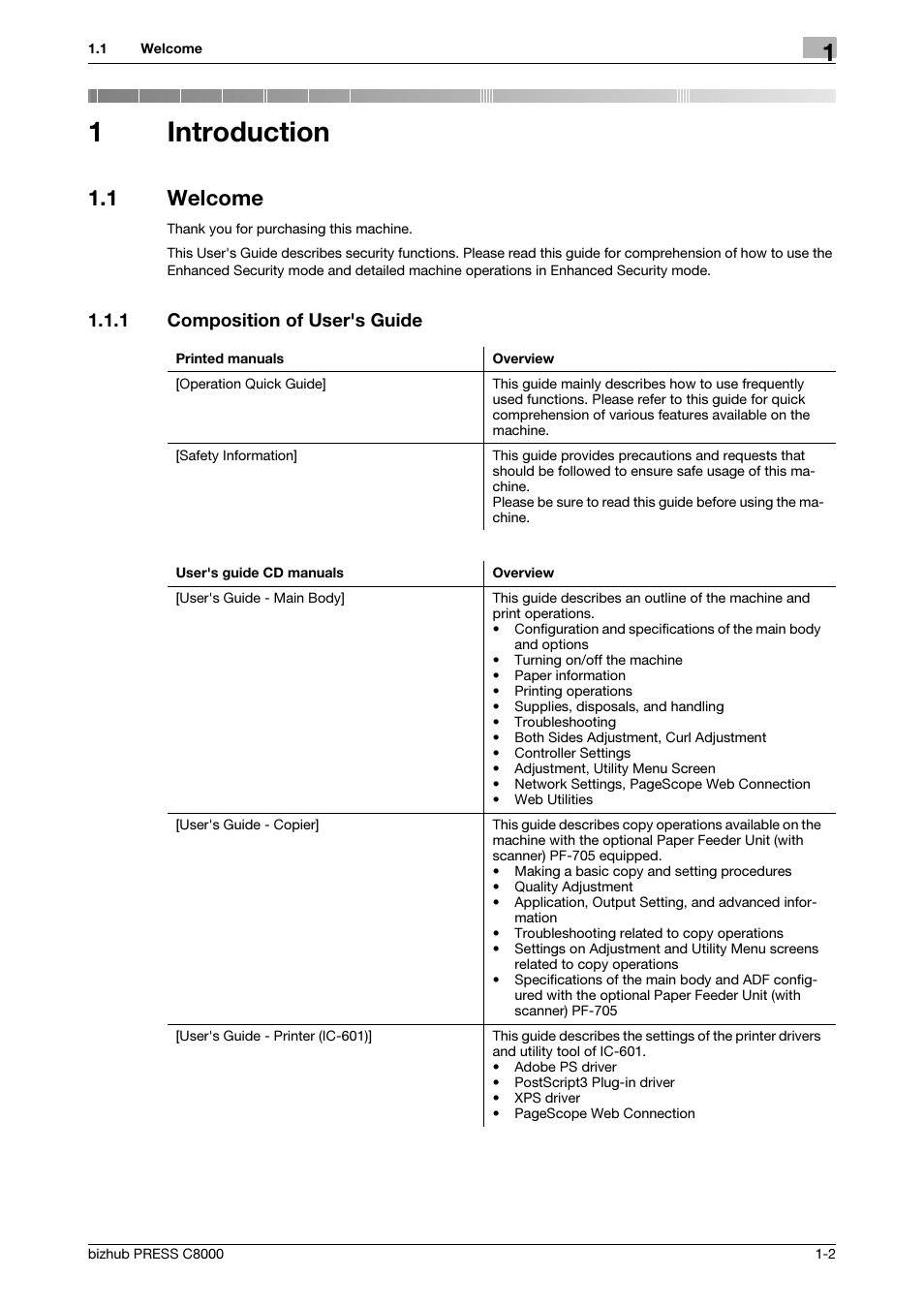 1 introduction, 1 welcome, 1 composition of user's guide | Introduction, Welcome -2, Composition of user's guide -2, 1introduction | Konica Minolta bizhub PRESS C8000 User Manual | Page 4 / 48