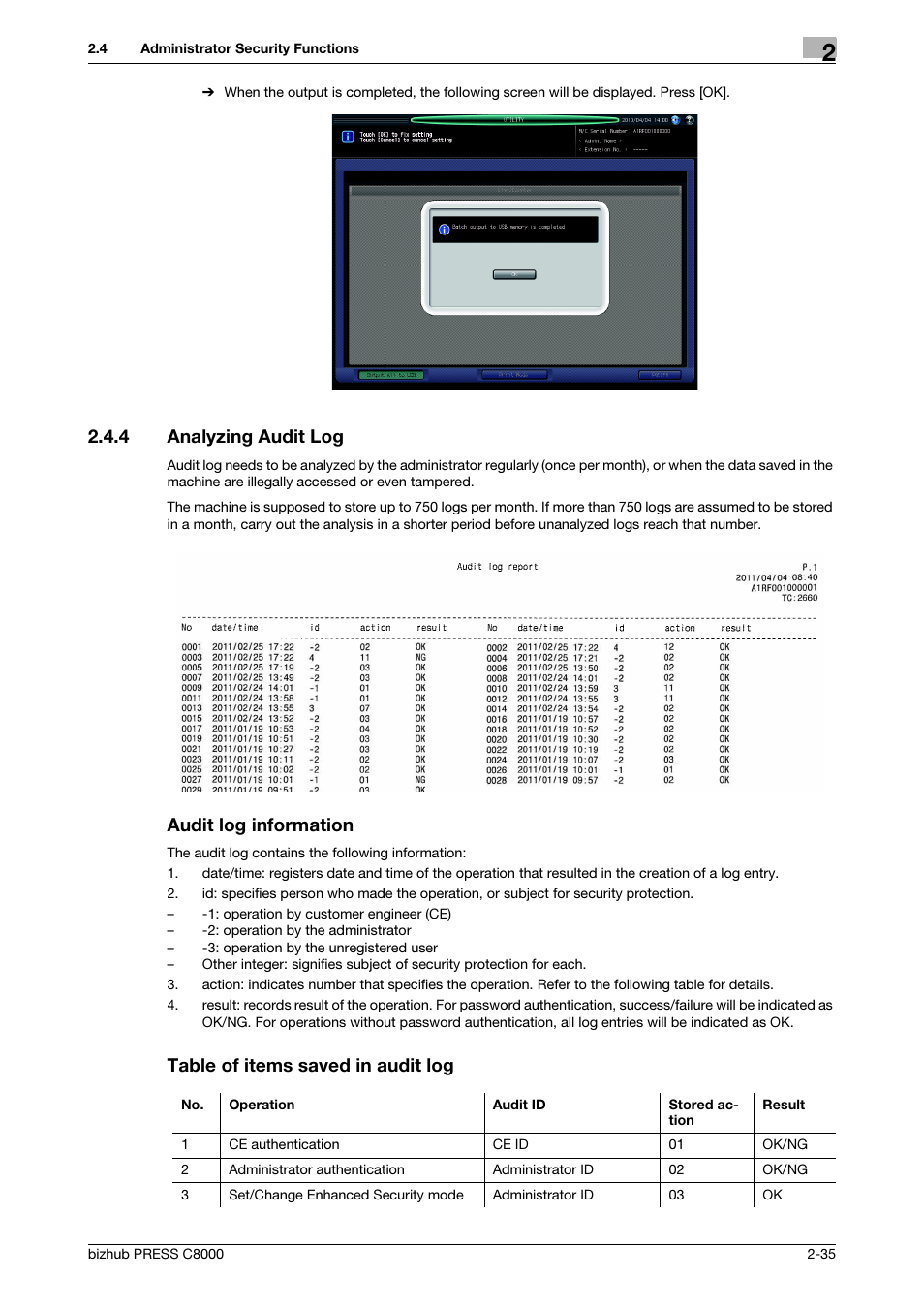 4 analyzing audit log, Audit log information, Table of items saved in audit log | Analyzing audit log -35 | Konica Minolta bizhub PRESS C8000 User Manual | Page 42 / 48