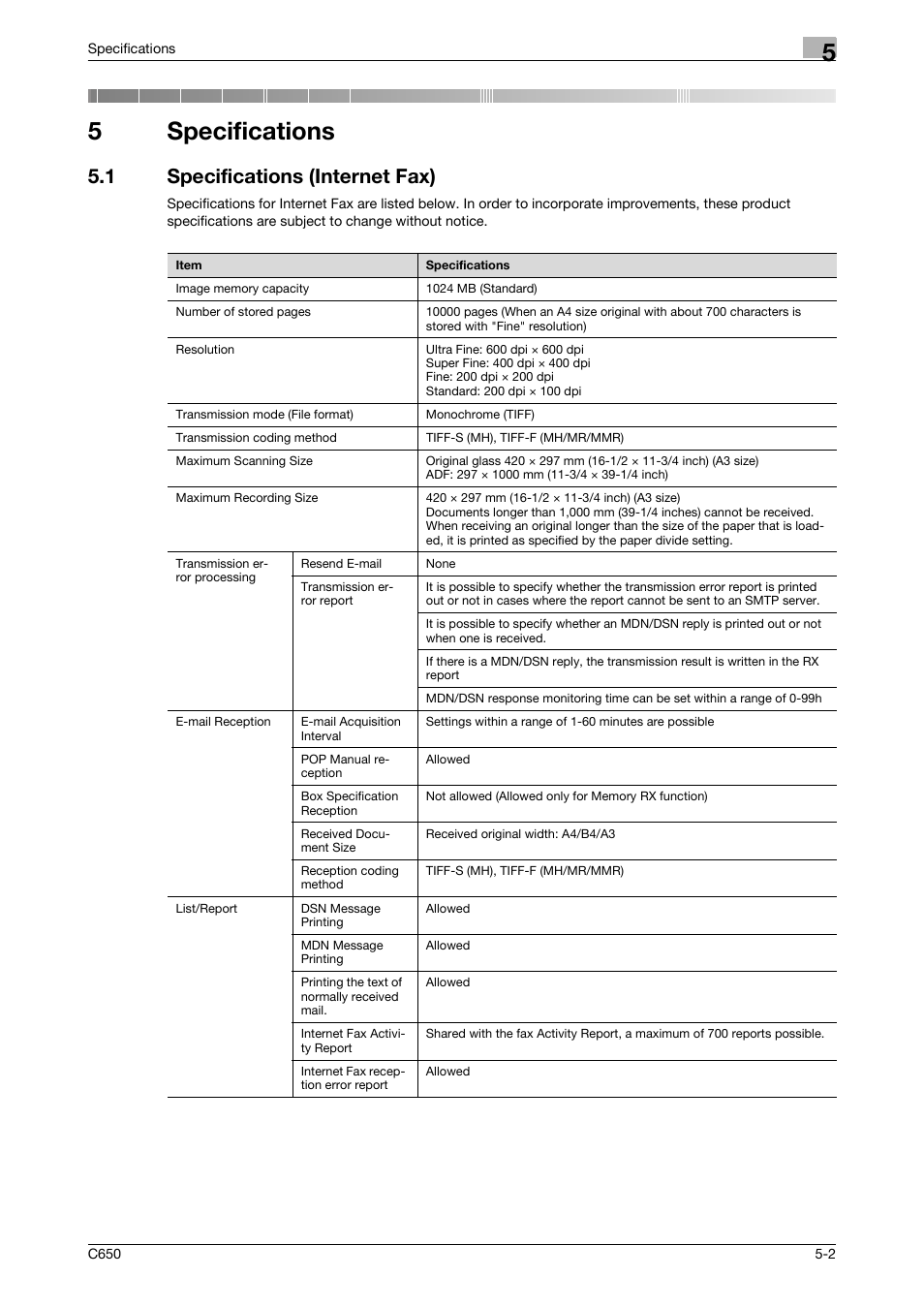 5 specifications, 1 specifications (internet fax), Specifications | Specifications (internet fax) -2, 5specifications | Konica Minolta bizhub C650 User Manual | Page 102 / 295