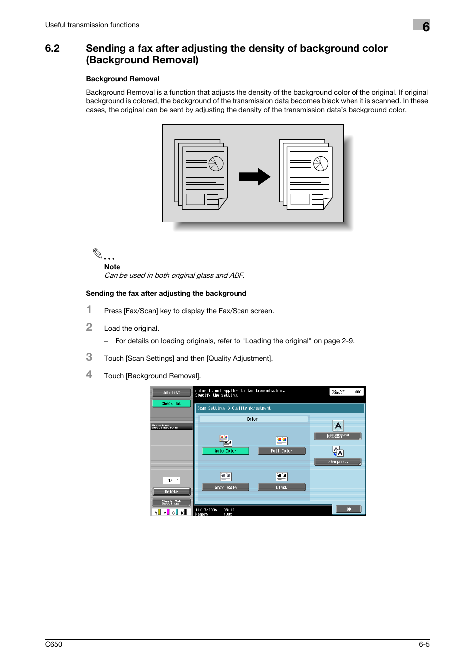 Background removal, Sending the fax after adjusting the background | Konica Minolta bizhub C650 User Manual | Page 108 / 295