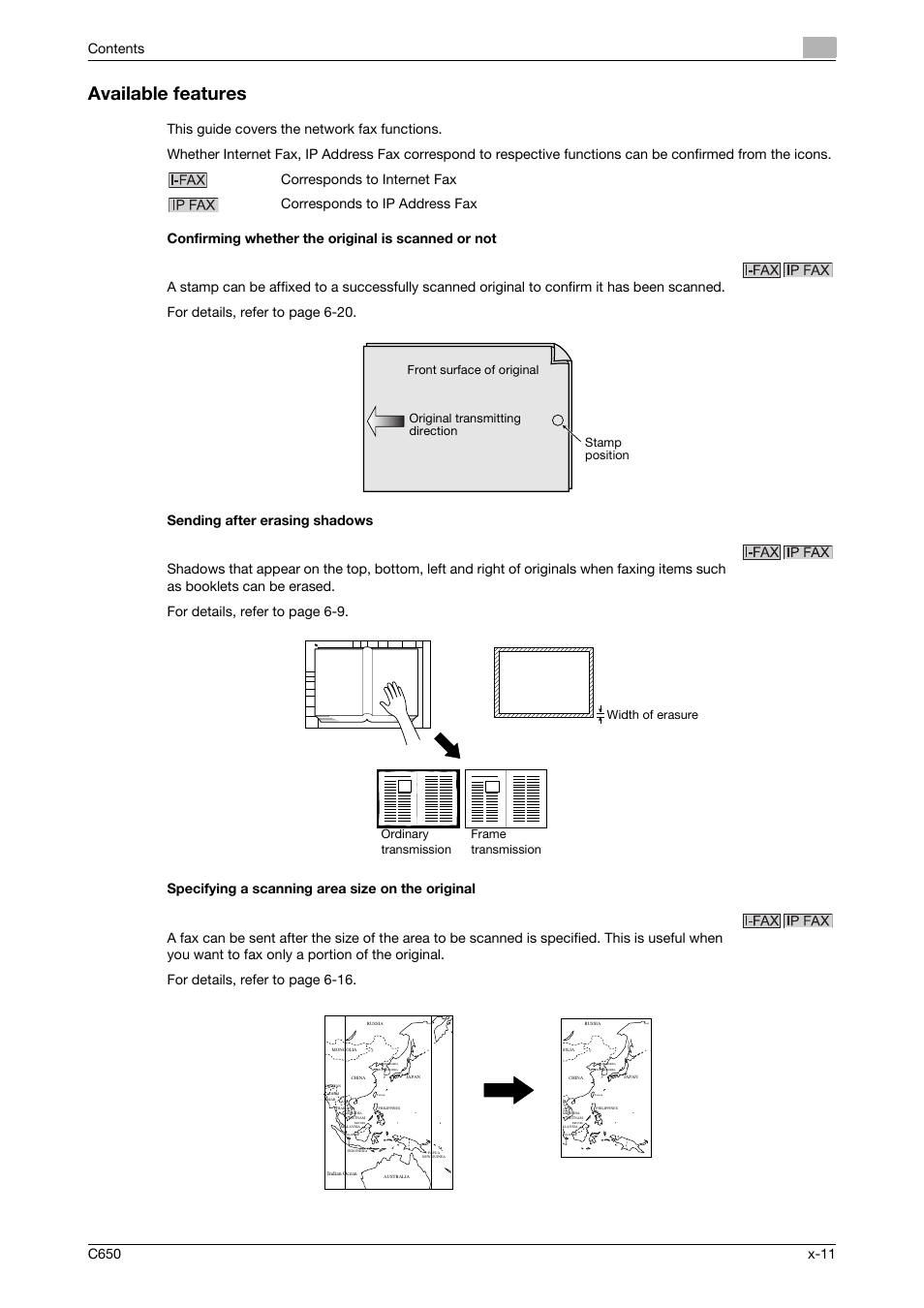 Available features, Confirming whether the original is scanned or not, Sending after erasing shadows | Specifying a scanning area size on the original | Konica Minolta bizhub C650 User Manual | Page 12 / 295