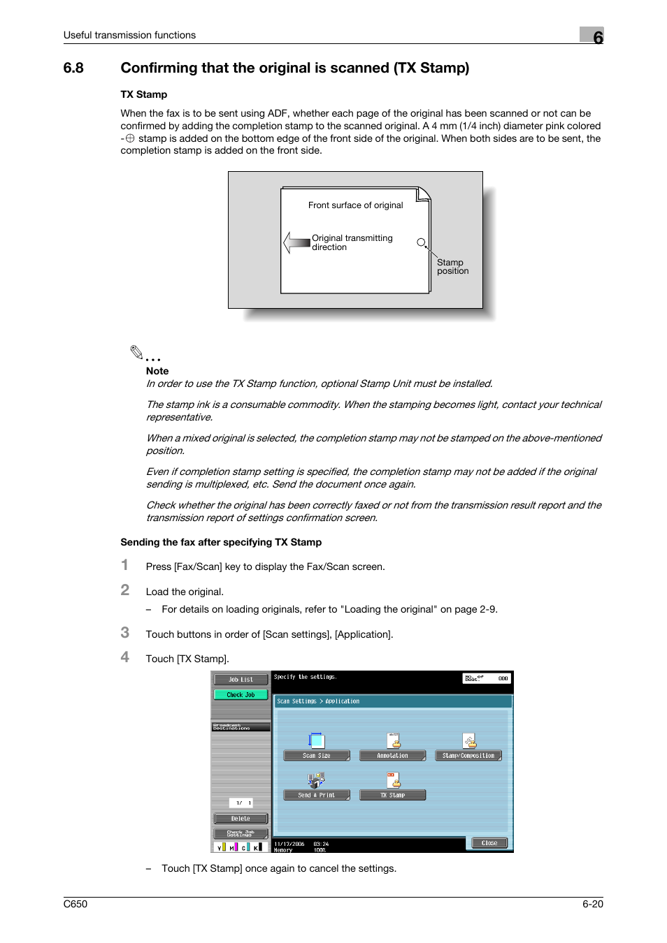 Tx stamp, Sending the fax after specifying tx stamp | Konica Minolta bizhub C650 User Manual | Page 123 / 295