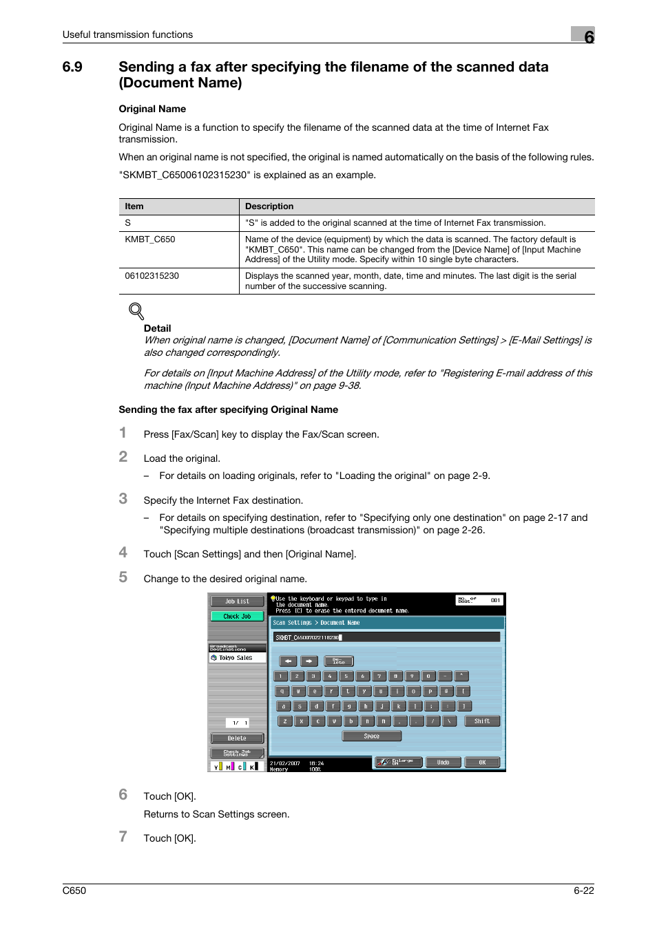 Original name, Sending the fax after specifying original name | Konica Minolta bizhub C650 User Manual | Page 125 / 295