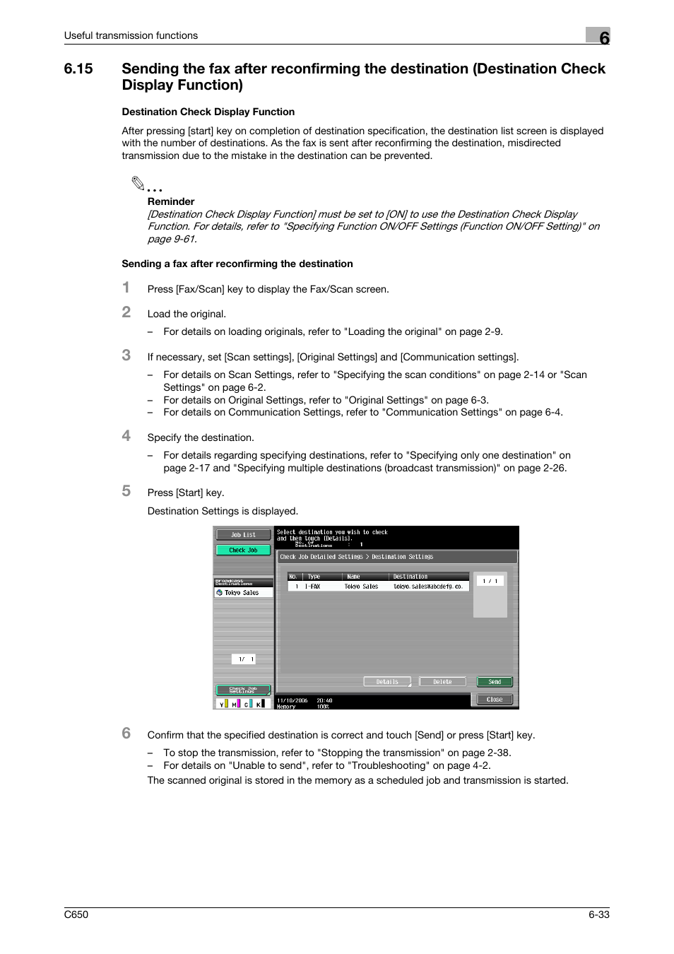 Destination check display function, Sending a fax after reconfirming the destination | Konica Minolta bizhub C650 User Manual | Page 136 / 295