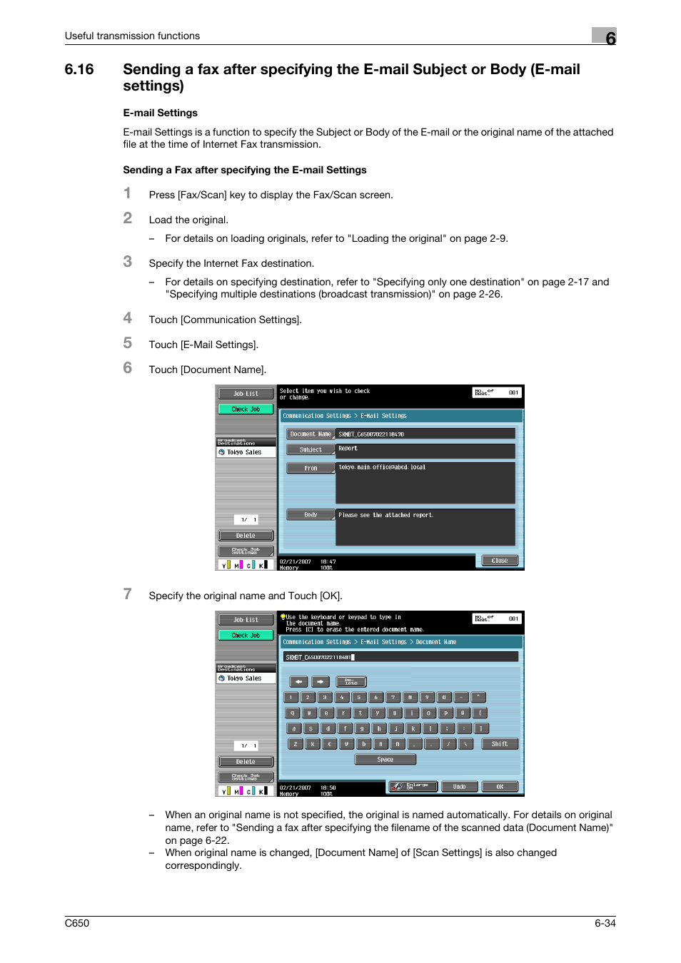 E-mail settings, Sending a fax after specifying the e-mail settings | Konica Minolta bizhub C650 User Manual | Page 137 / 295