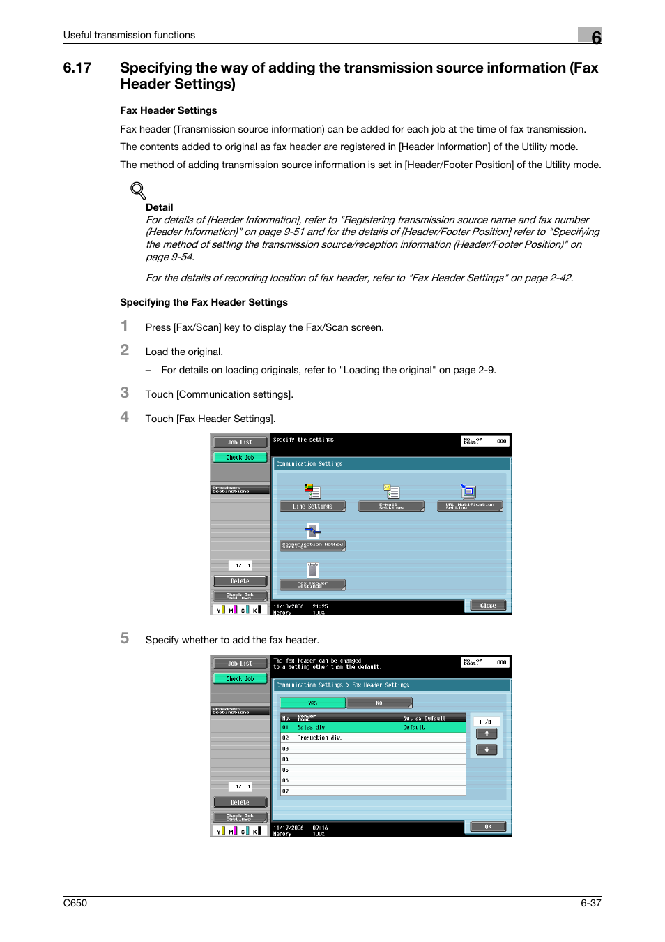 Fax header settings, Specifying the fax header settings | Konica Minolta bizhub C650 User Manual | Page 140 / 295