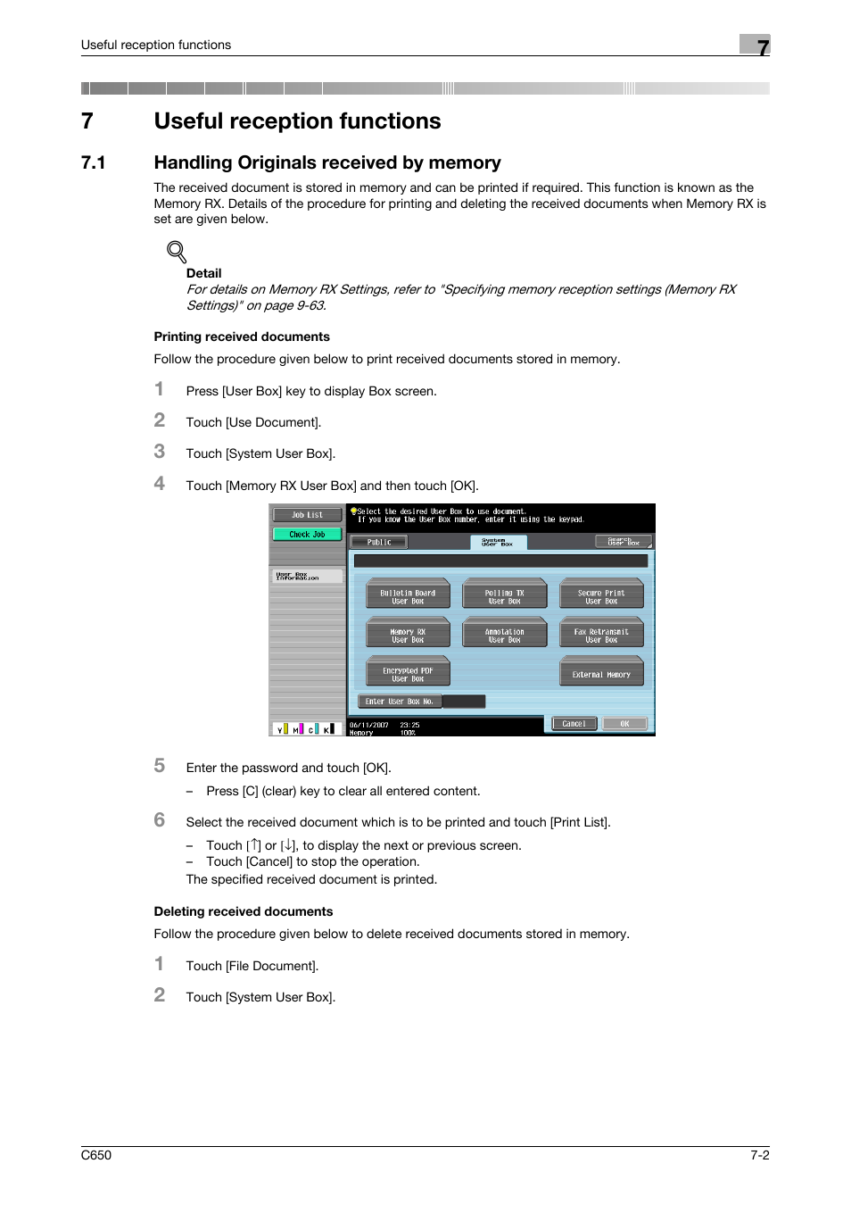 7 useful reception functions, 1 handling originals received by memory, Printing received documents | Deleting received documents, Useful reception functions, 7useful reception functions | Konica Minolta bizhub C650 User Manual | Page 143 / 295