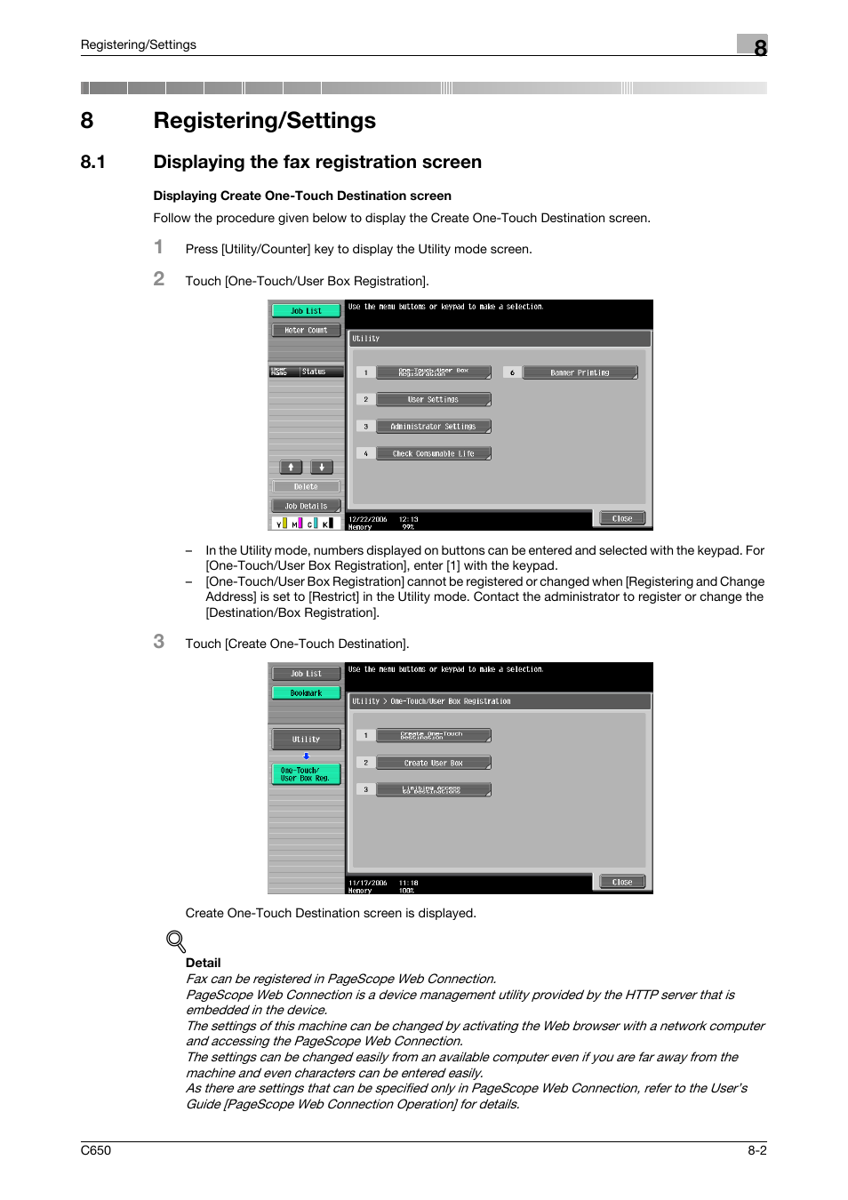 8 registering/settings, 1 displaying the fax registration screen, Displaying create one-touch destination screen | Registering/settings, Refer to the "8 registering/settings, 8registering/settings | Konica Minolta bizhub C650 User Manual | Page 147 / 295