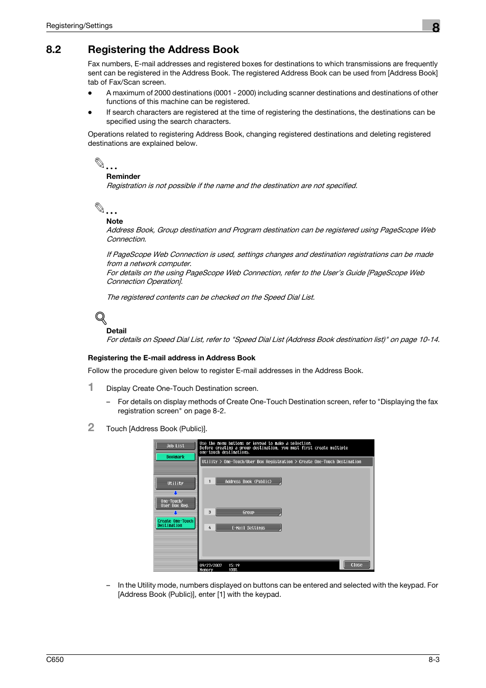 2 registering the address book, Registering the e-mail address in address book | Konica Minolta bizhub C650 User Manual | Page 148 / 295