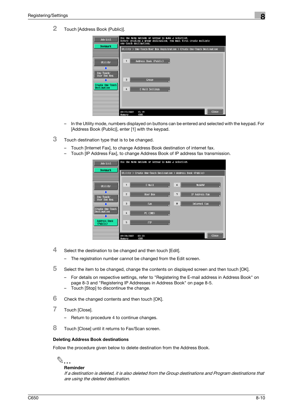 Deleting address book destinations, Deleting address book destinations -10 | Konica Minolta bizhub C650 User Manual | Page 155 / 295