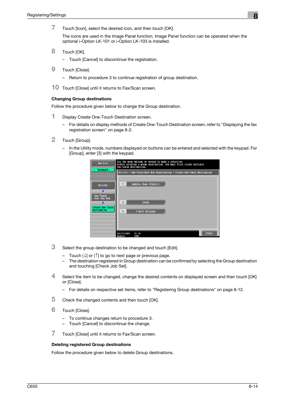 Changing group destinations, Deleting registered group destinations | Konica Minolta bizhub C650 User Manual | Page 159 / 295