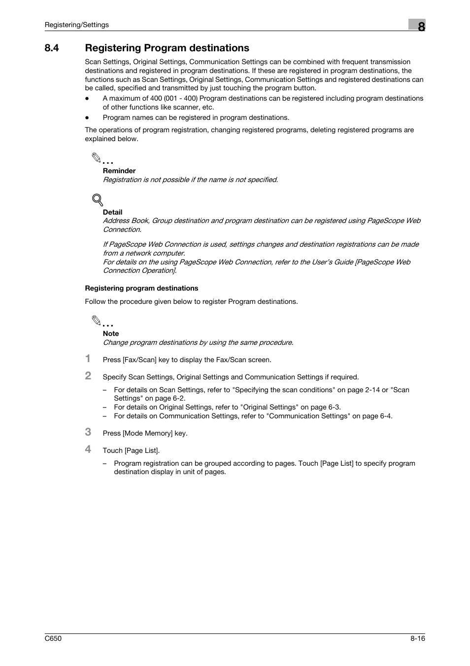 4 registering program destinations, Registering program destinations | Konica Minolta bizhub C650 User Manual | Page 161 / 295