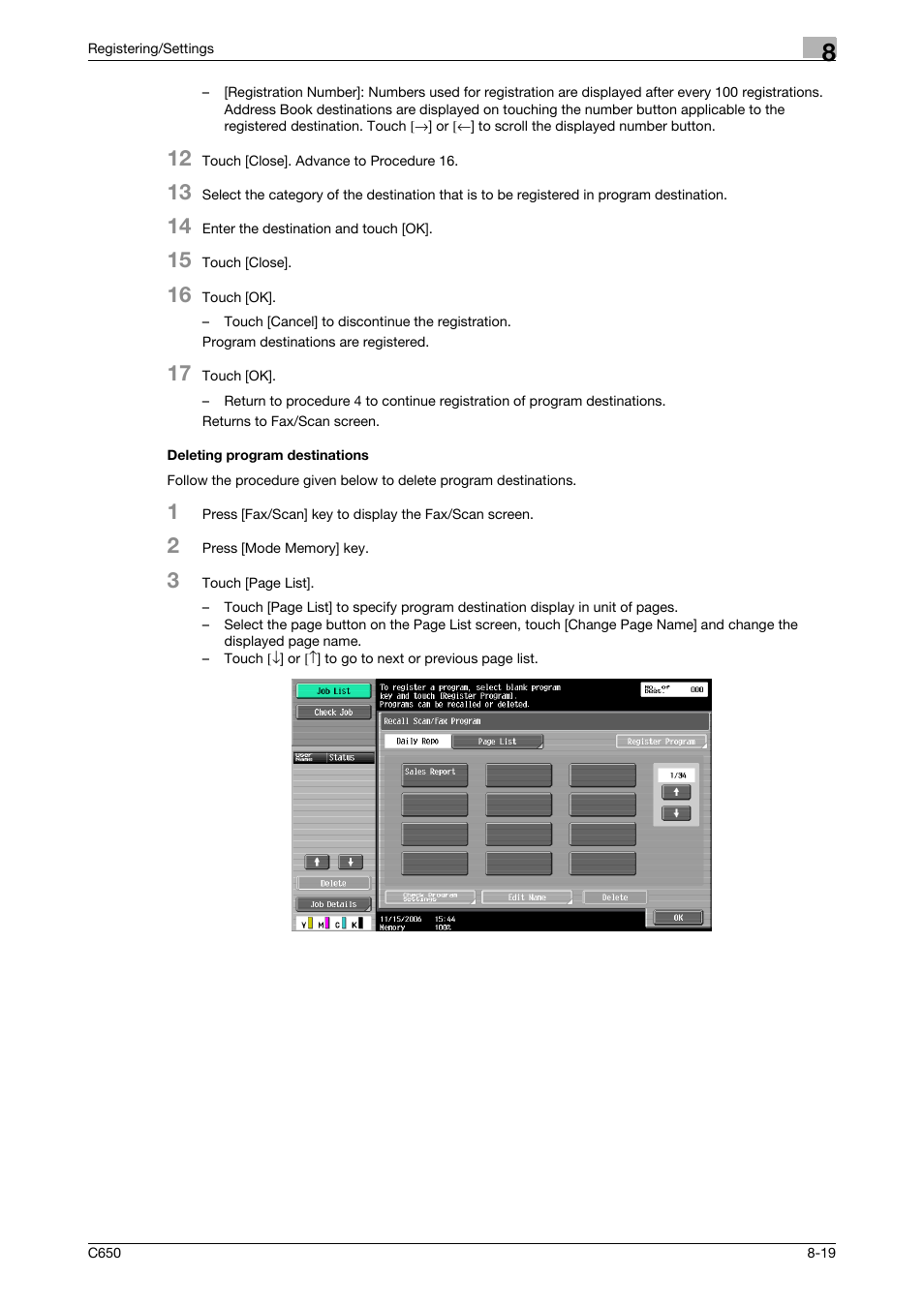 Deleting program destinations, Deleting program destinations -19 | Konica Minolta bizhub C650 User Manual | Page 164 / 295