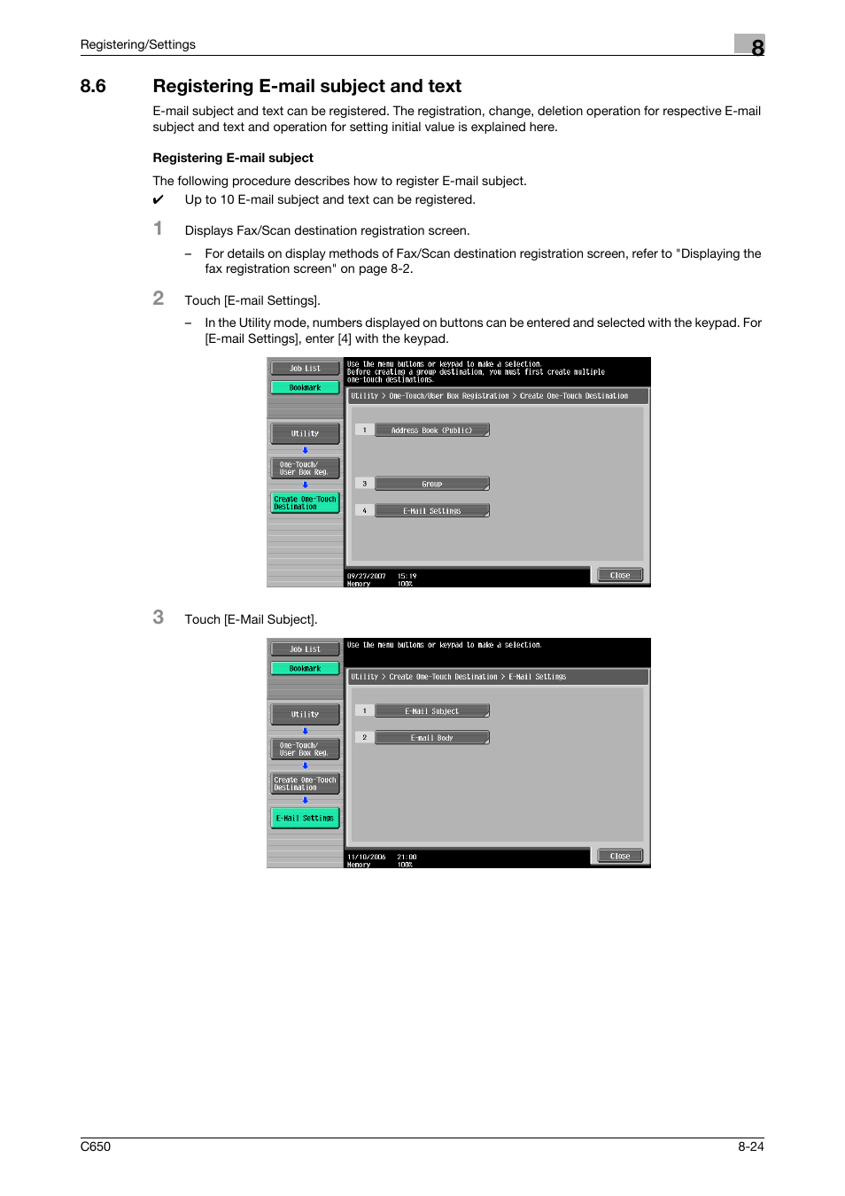 6 registering e-mail subject and text, Registering e-mail subject | Konica Minolta bizhub C650 User Manual | Page 169 / 295