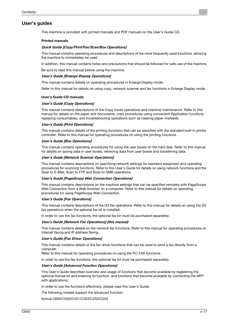 User’s guides, Printed manuals, User’s guide cd manuals | Konica Minolta bizhub C650 User Manual | Page 18 / 295