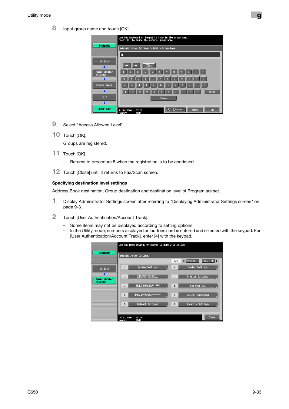 Specifying destination level settings, Specifying destination level settings -33 | Konica Minolta bizhub C650 User Manual | Page 214 / 295