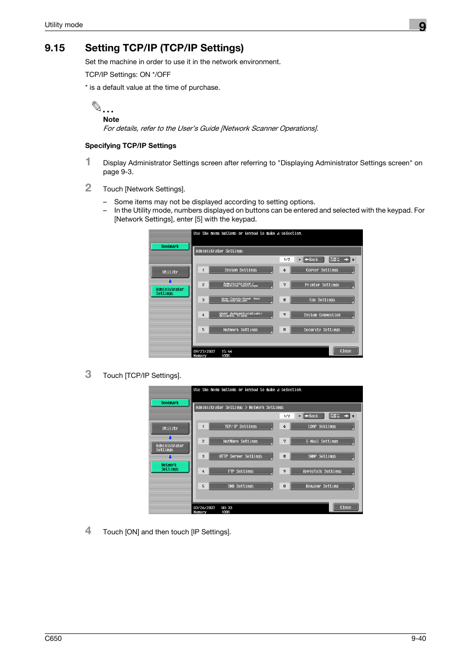 15 setting tcp/ip (tcp/ip settings), Specifying tcp/ip settings | Konica Minolta bizhub C650 User Manual | Page 221 / 295