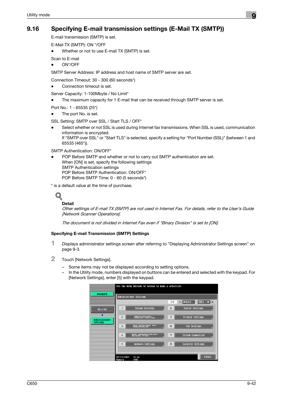 Specifying e-mail transmission (smtp) settings | Konica Minolta bizhub C650 User Manual | Page 223 / 295