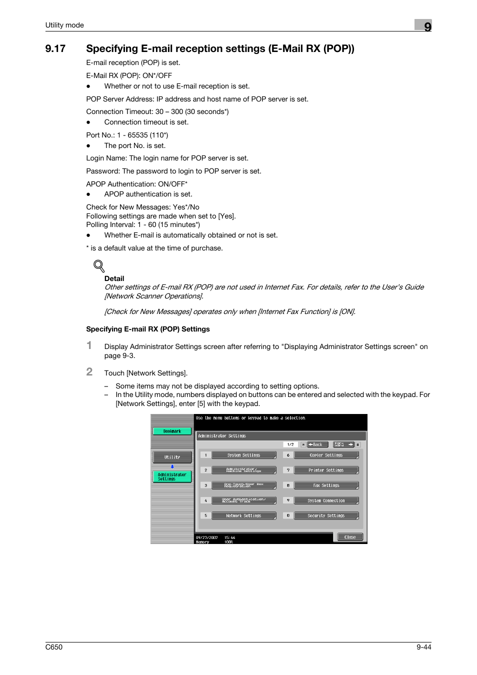 Specifying e-mail rx (pop) settings | Konica Minolta bizhub C650 User Manual | Page 225 / 295