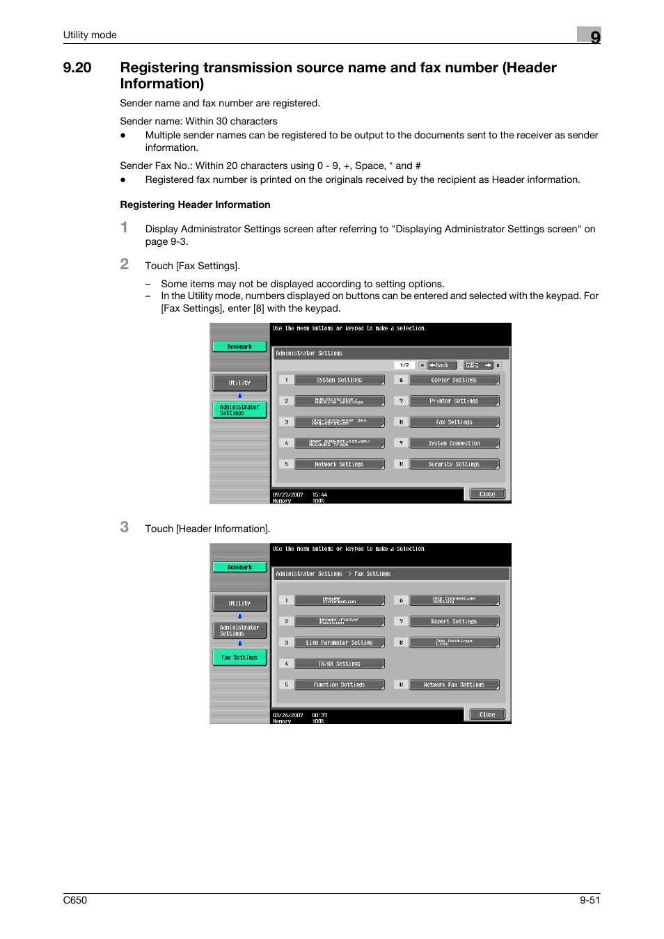 Registering header information | Konica Minolta bizhub C650 User Manual | Page 232 / 295