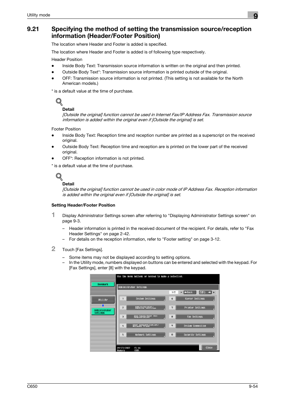 Setting header/footer position | Konica Minolta bizhub C650 User Manual | Page 235 / 295