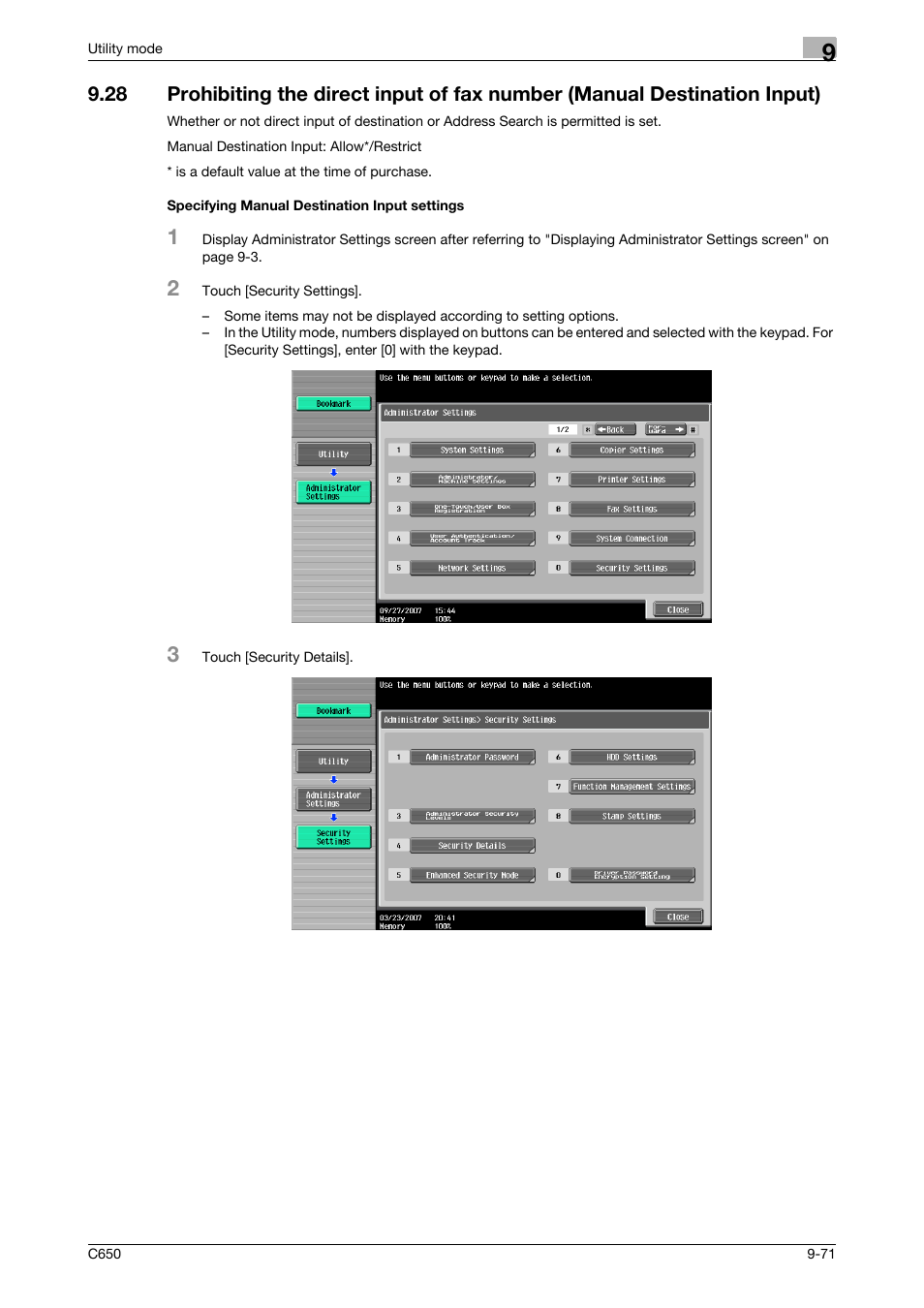 Specifying manual destination input settings | Konica Minolta bizhub C650 User Manual | Page 252 / 295