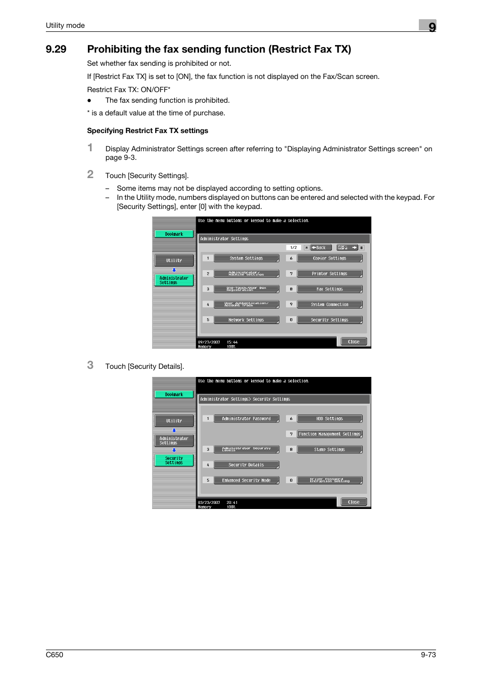 Specifying restrict fax tx settings | Konica Minolta bizhub C650 User Manual | Page 254 / 295
