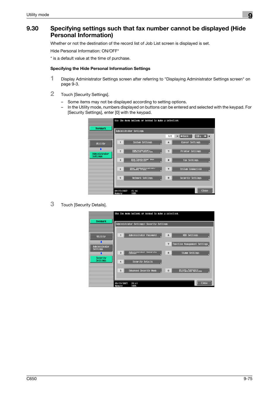 Specifying the hide personal information settings | Konica Minolta bizhub C650 User Manual | Page 256 / 295