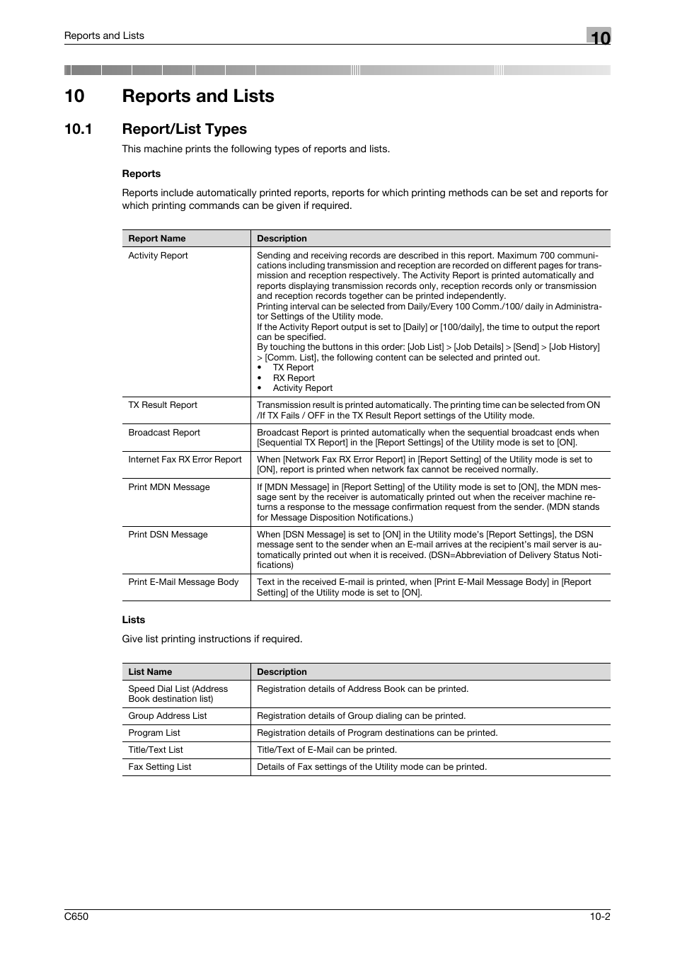10 reports and lists, 1 report/list types, Reports | Lists, Report/list types -2 reports -2 lists -2 | Konica Minolta bizhub C650 User Manual | Page 261 / 295