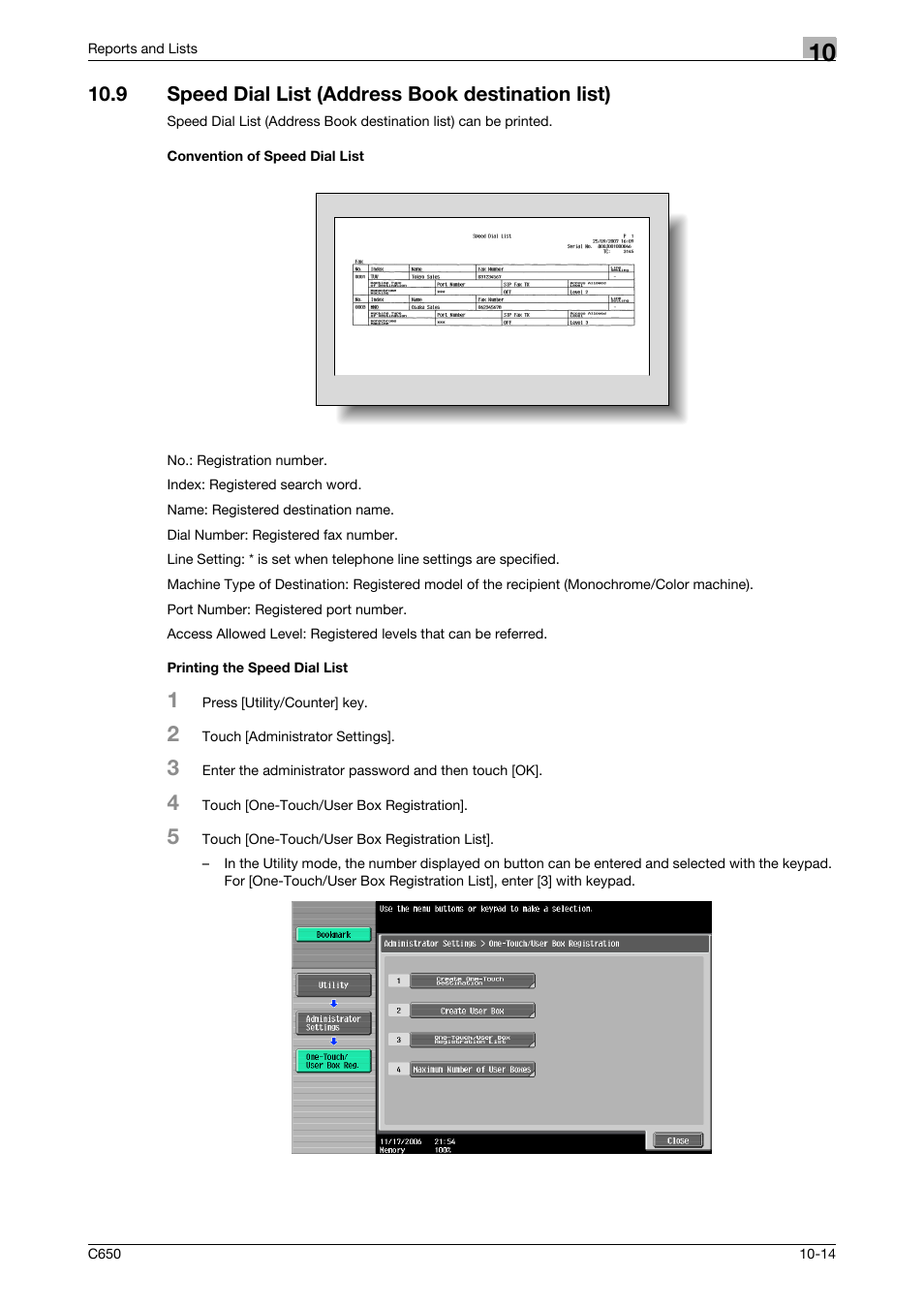 9 speed dial list (address book destination list), Convention of speed dial list, Printing the speed dial list | Printing the speed dial list -14 | Konica Minolta bizhub C650 User Manual | Page 273 / 295