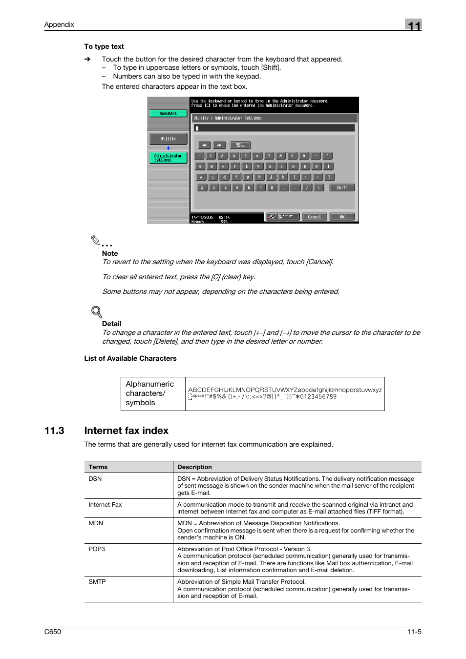 To type text, List of available characters, 3 internet fax index | To type text -5 list of available characters -5, Internet fax index -5 | Konica Minolta bizhub C650 User Manual | Page 288 / 295