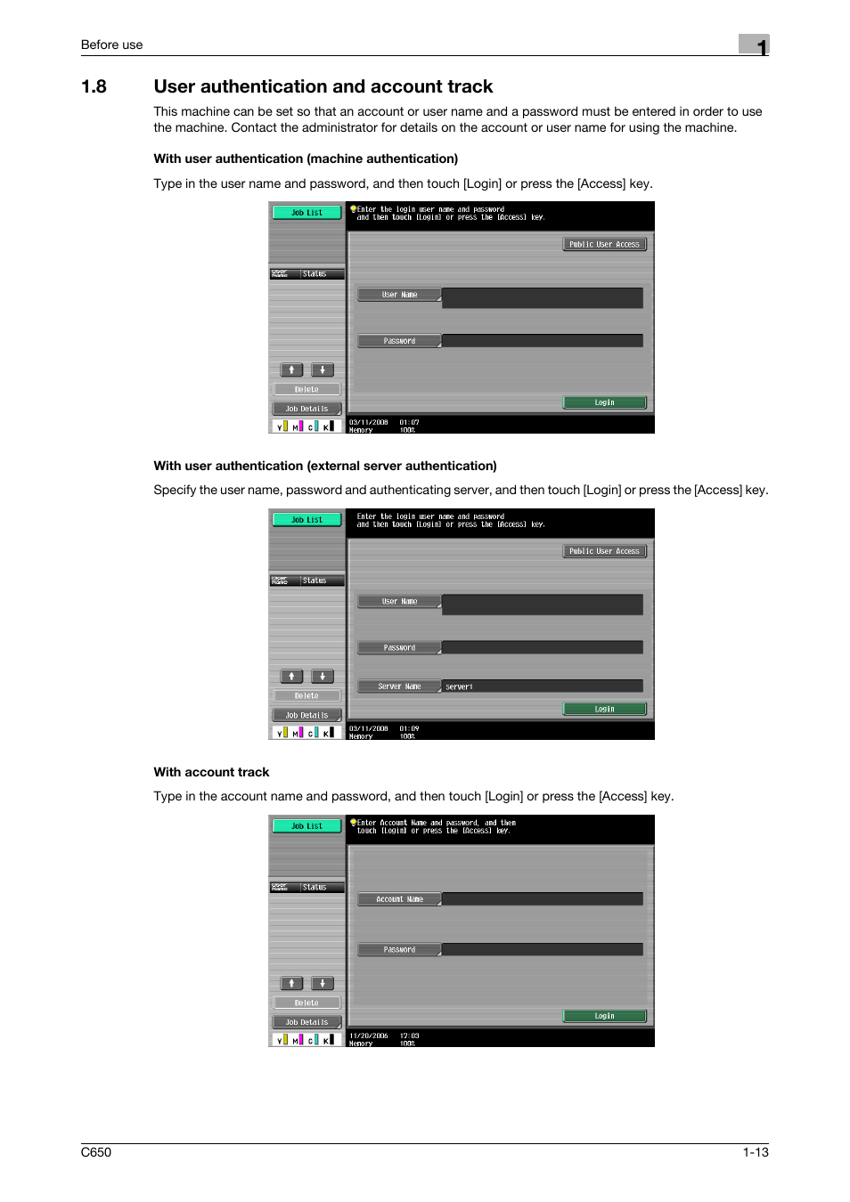 8 user authentication and account track, With user authentication (machine authentication), With account track | Konica Minolta bizhub C650 User Manual | Page 31 / 295