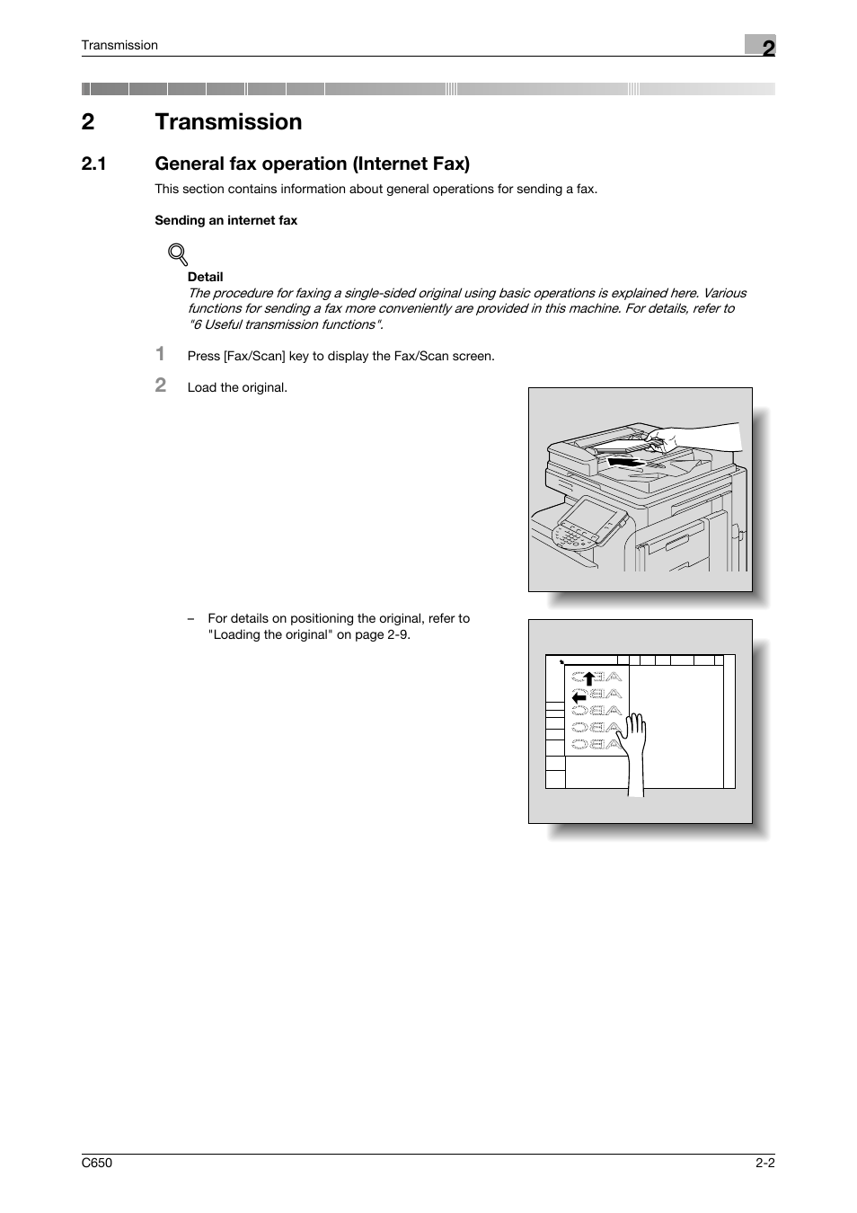 2 transmission, 1 general fax operation (internet fax), Sending an internet fax | Transmission, 2transmission | Konica Minolta bizhub C650 User Manual | Page 34 / 295