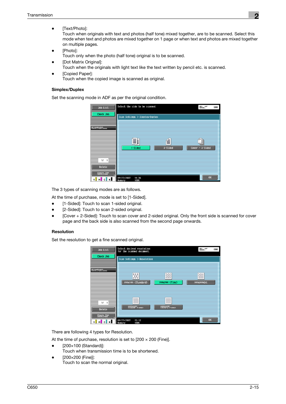 Simplex/duplex, Resolution, Simplex/duplex -15 resolution -15 | Konica Minolta bizhub C650 User Manual | Page 47 / 295