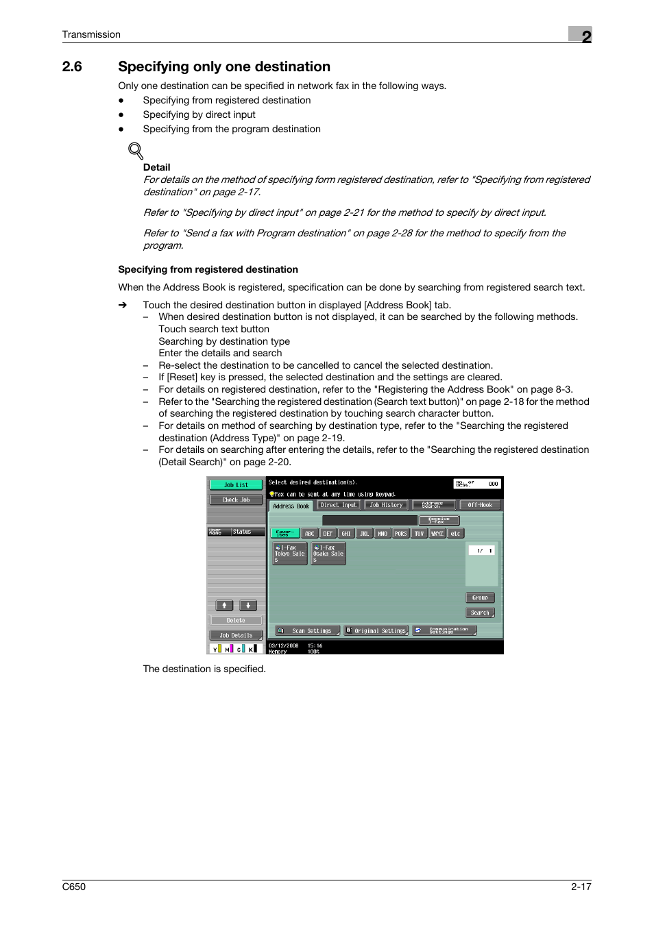 6 specifying only one destination, Specifying from registered destination | Konica Minolta bizhub C650 User Manual | Page 49 / 295