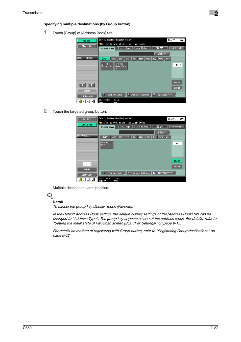Specifying multiple destinations (by group button) | Konica Minolta bizhub C650 User Manual | Page 59 / 295