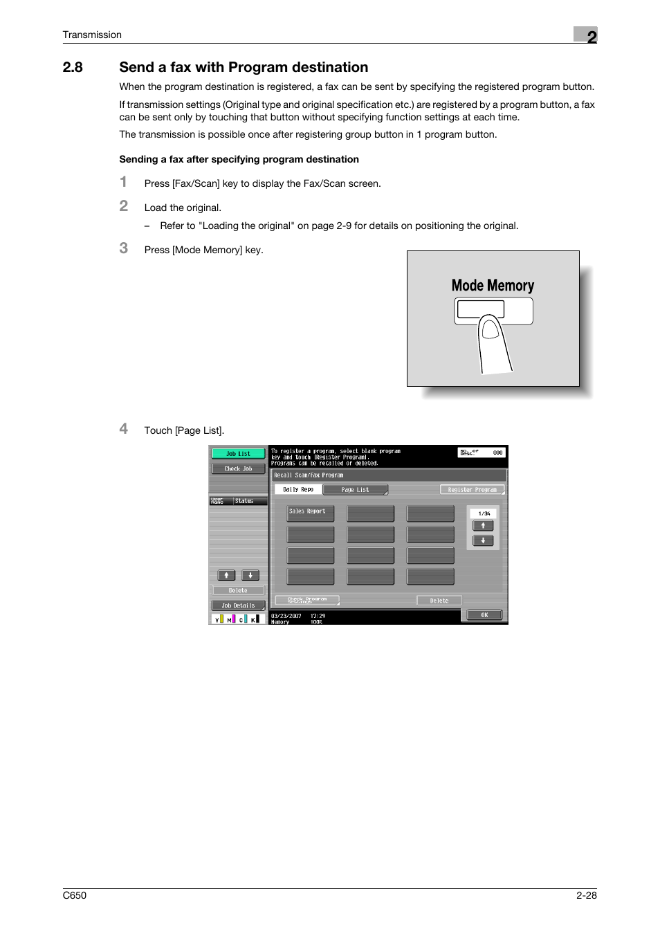 8 send a fax with program destination, Sending a fax after specifying program destination | Konica Minolta bizhub C650 User Manual | Page 60 / 295