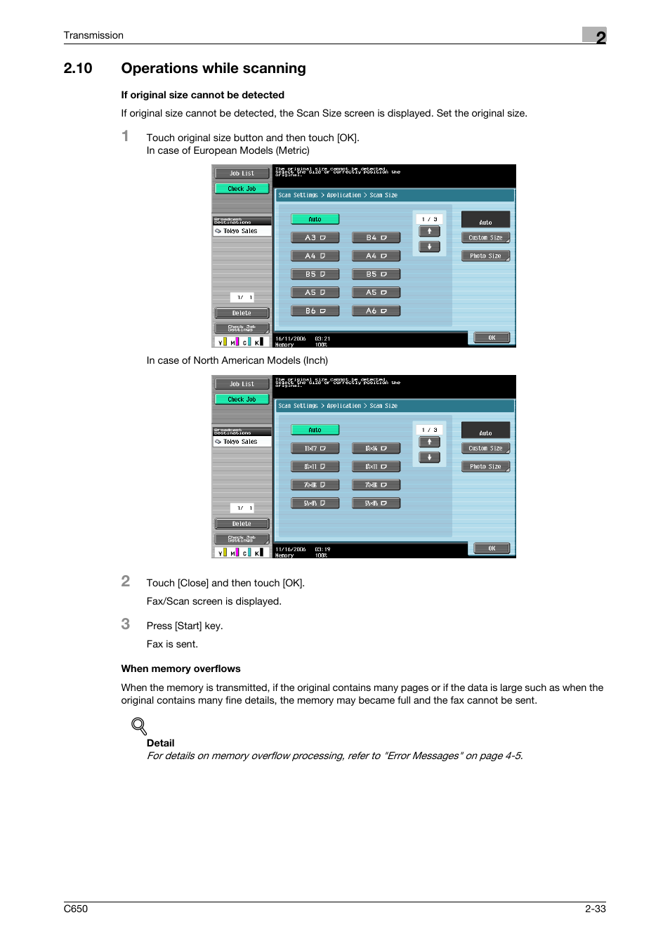 10 operations while scanning, If original size cannot be detected, When memory overflows | Konica Minolta bizhub C650 User Manual | Page 65 / 295