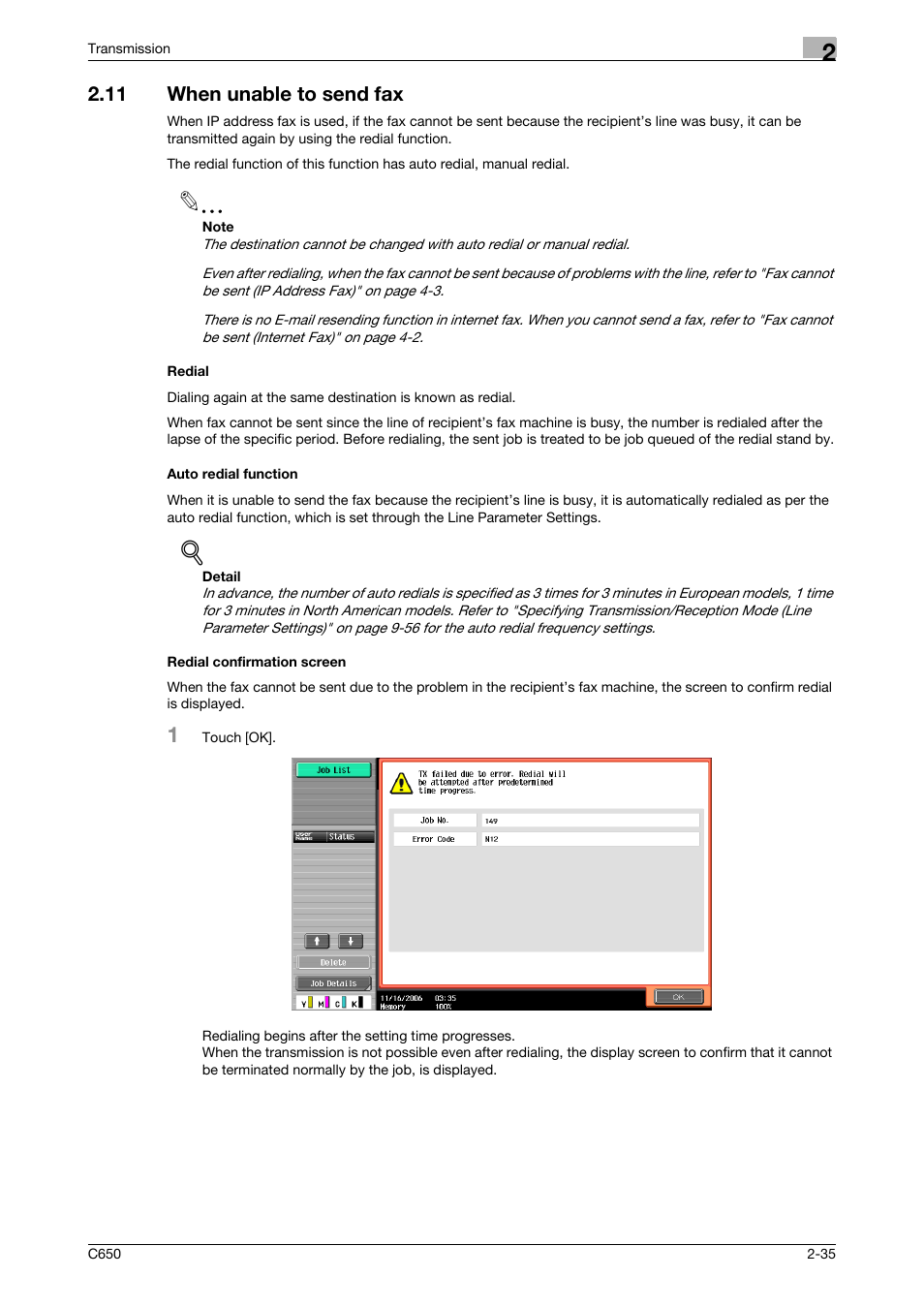 11 when unable to send fax, Redial, Auto redial function | Redial confirmation screen | Konica Minolta bizhub C650 User Manual | Page 67 / 295