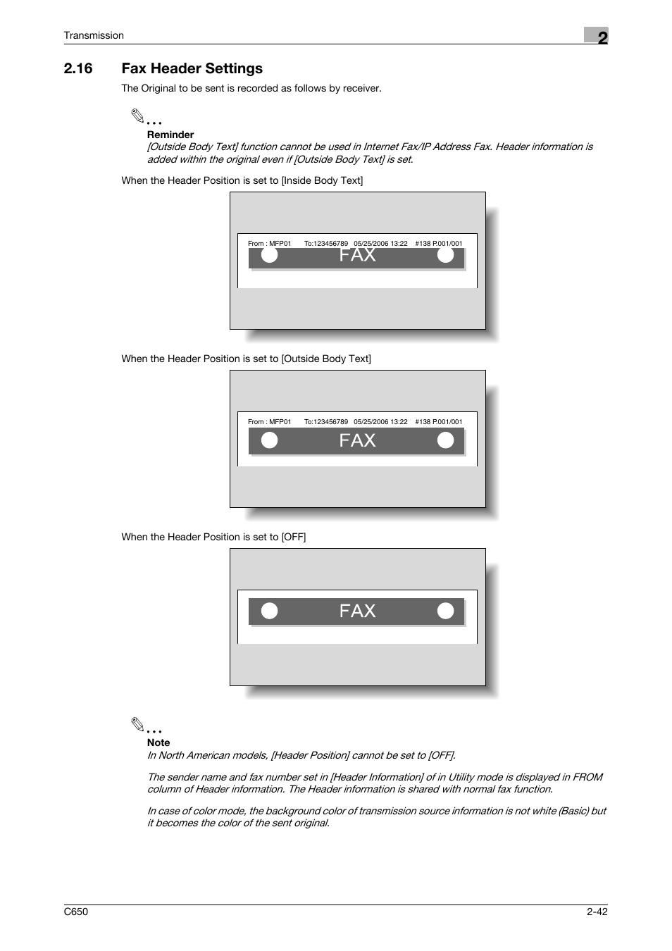 16 fax header settings, Fax header settings -42 | Konica Minolta bizhub C650 User Manual | Page 74 / 295