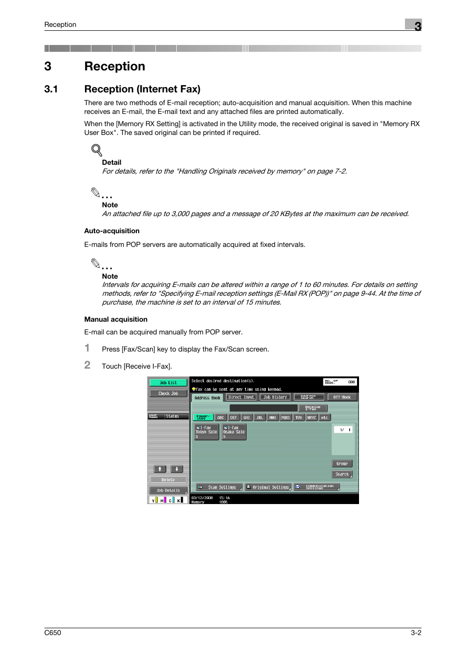 3 reception, 1 reception (internet fax), Auto-acquisition | Manual acquisition, Reception, 3reception | Konica Minolta bizhub C650 User Manual | Page 82 / 295