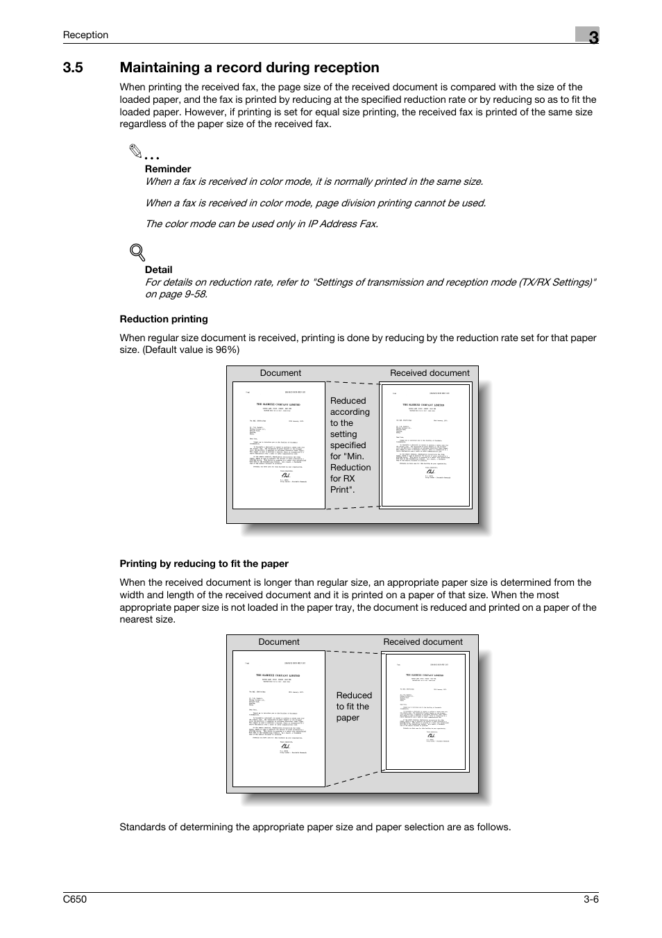 5 maintaining a record during reception, Reduction printing, Printing by reducing to fit the paper | Konica Minolta bizhub C650 User Manual | Page 86 / 295