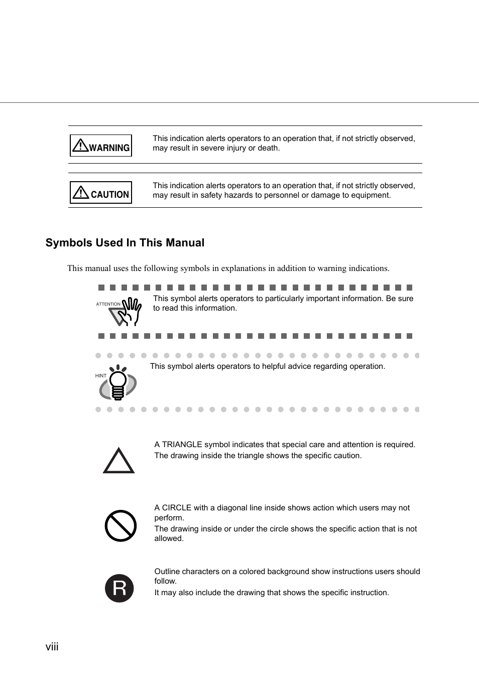 Viii symbols used in this manual | Konica Minolta Fujitsu Scanner User Manual | Page 10 / 230
