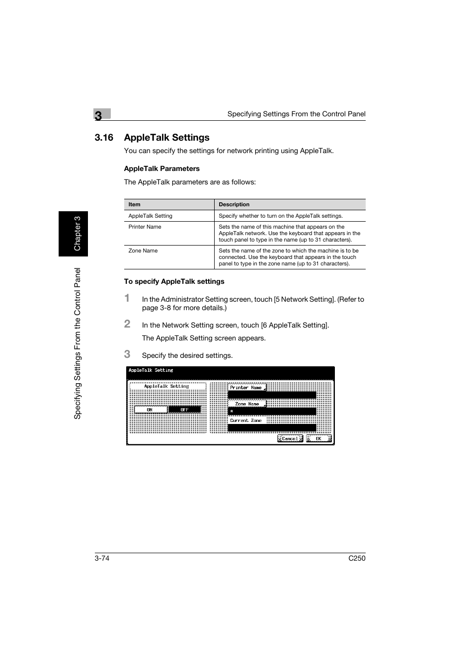 16 appletalk settings, Appletalk parameters, To specify appletalk settings | Appletalk settings -74 | Konica Minolta bizhub C250 User Manual | Page 185 / 396